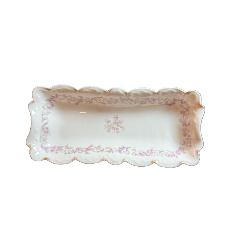 A. Lanternier Limoges Antique Celery Relish Dish Floral Scalloped Gold Puple VTG